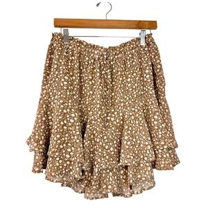 Brown Floral Tiered Ruffle Mini Flare Skort Women's L Lightweight Boho Beach